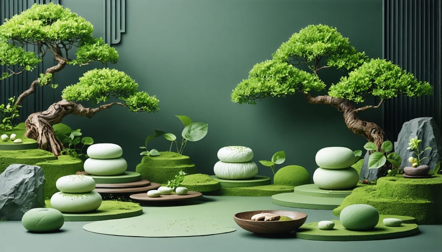 Garden with a textured layout inspired by Asian candies such as mochi and matcha chocolates