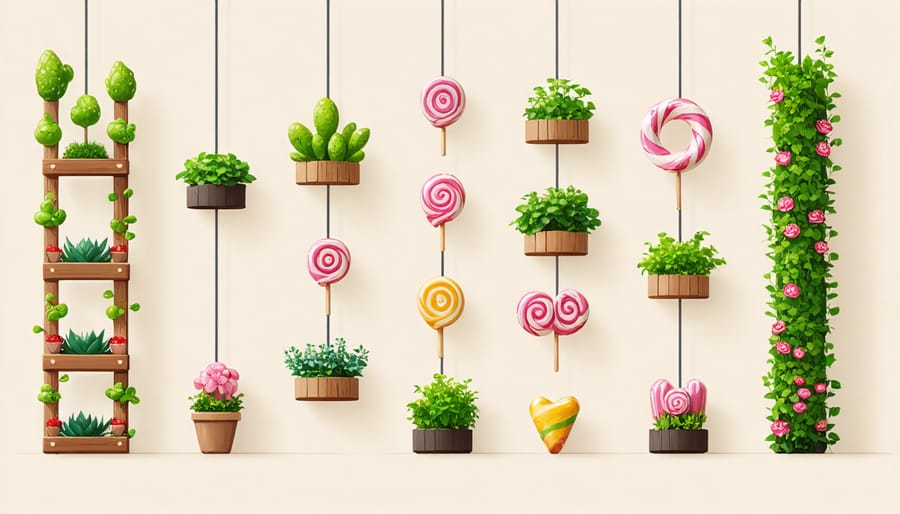 Vertical garden with structures and plants arranged to mimic candy shapes and colors