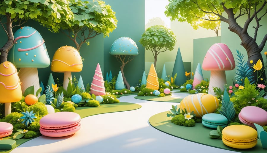 Garden with colorful flowers arranged in patterns inspired by European candies like macarons and gelato